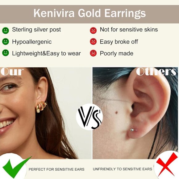 Gold Hoop Earrings Set for Women - 14K Gold Plated Small Hoops, Chunky Thick Ear - Picture 7 of 9